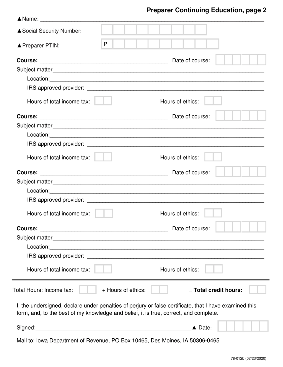 Form 78-012 Preparer Continuing Education - Iowa, Page 2