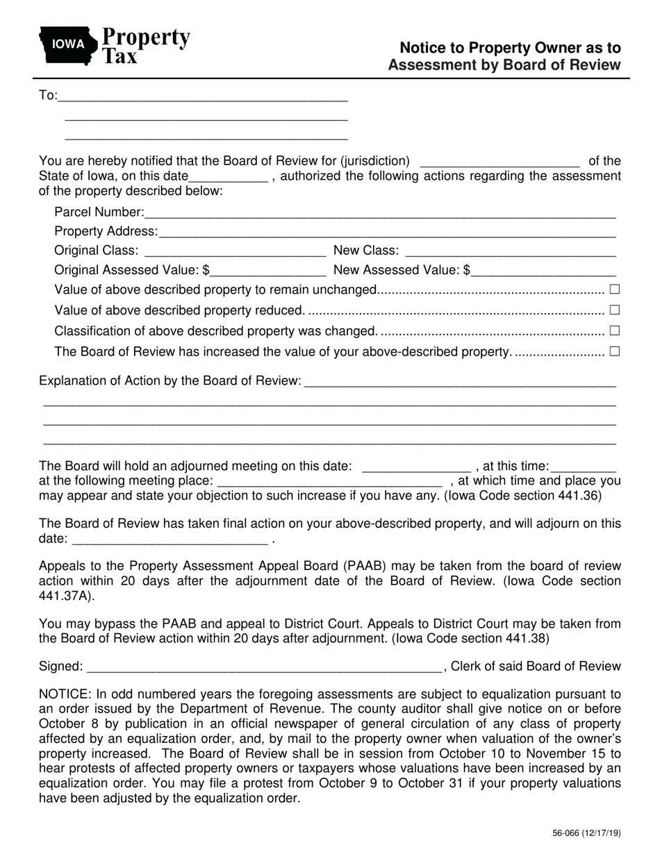 Form 56-066 Notice to Property Owner as to Assessment by Board of Review - Iowa, Page 1