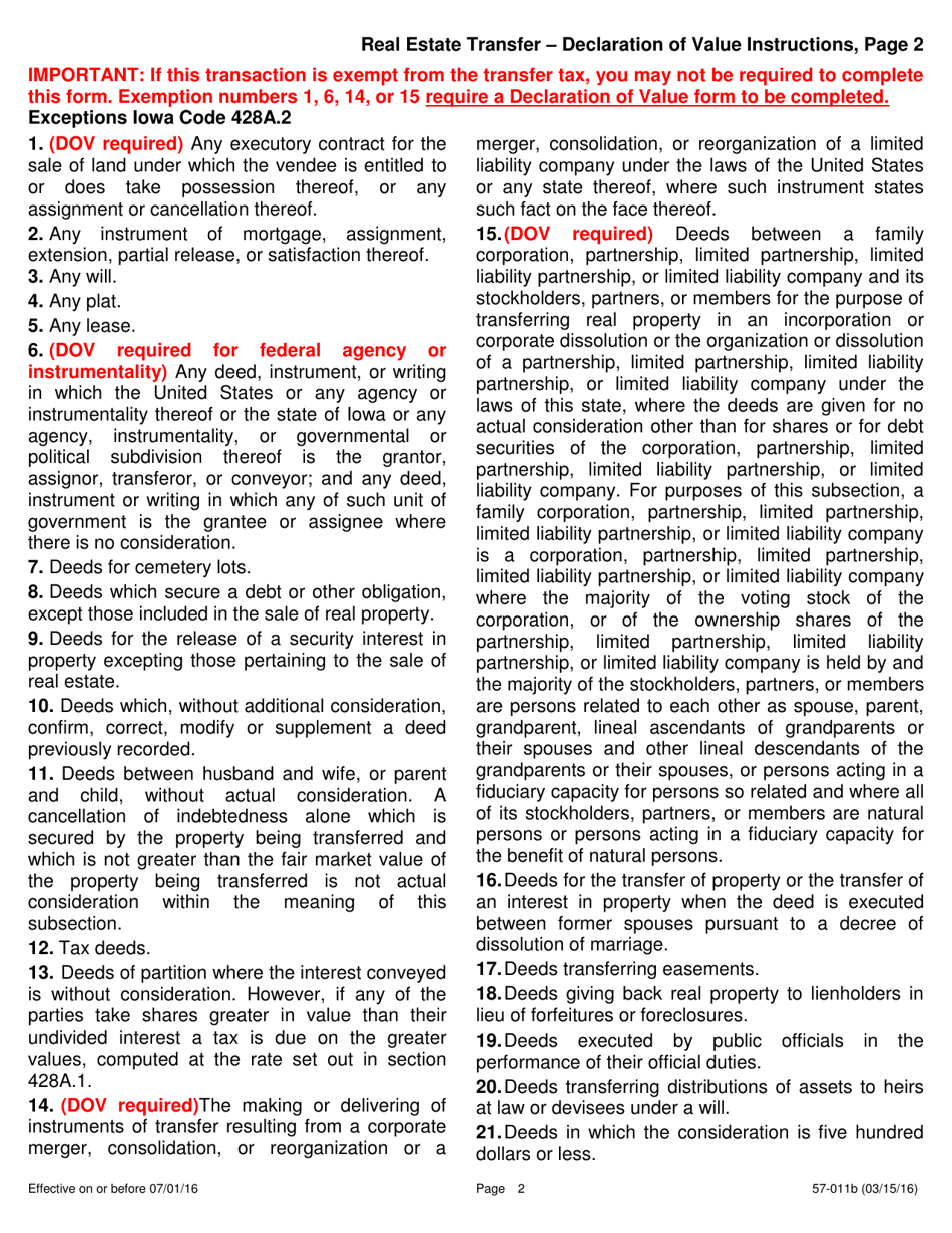 Instructions for Form 57-006 Real Estate Transfer - Declaration of Value - Iowa, Page 2