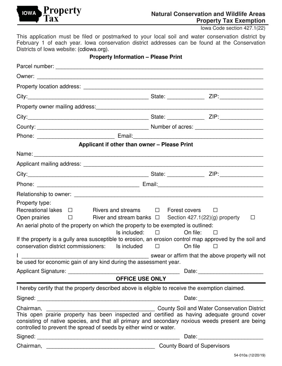 Form 54-010 Natural Conservation and Wildlife Areas Property Tax Exemption - Iowa, Page 1