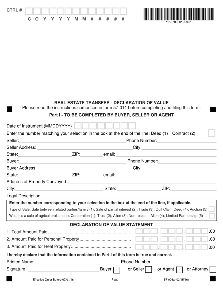 Form 57006 Download Fillable PDF or Fill Online Real Estate Transfer