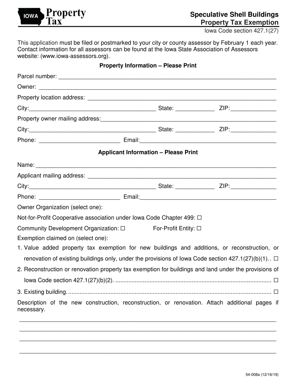 Form 54-008 Speculative Shell Buildings Property Tax Exemption - Iowa, Page 1