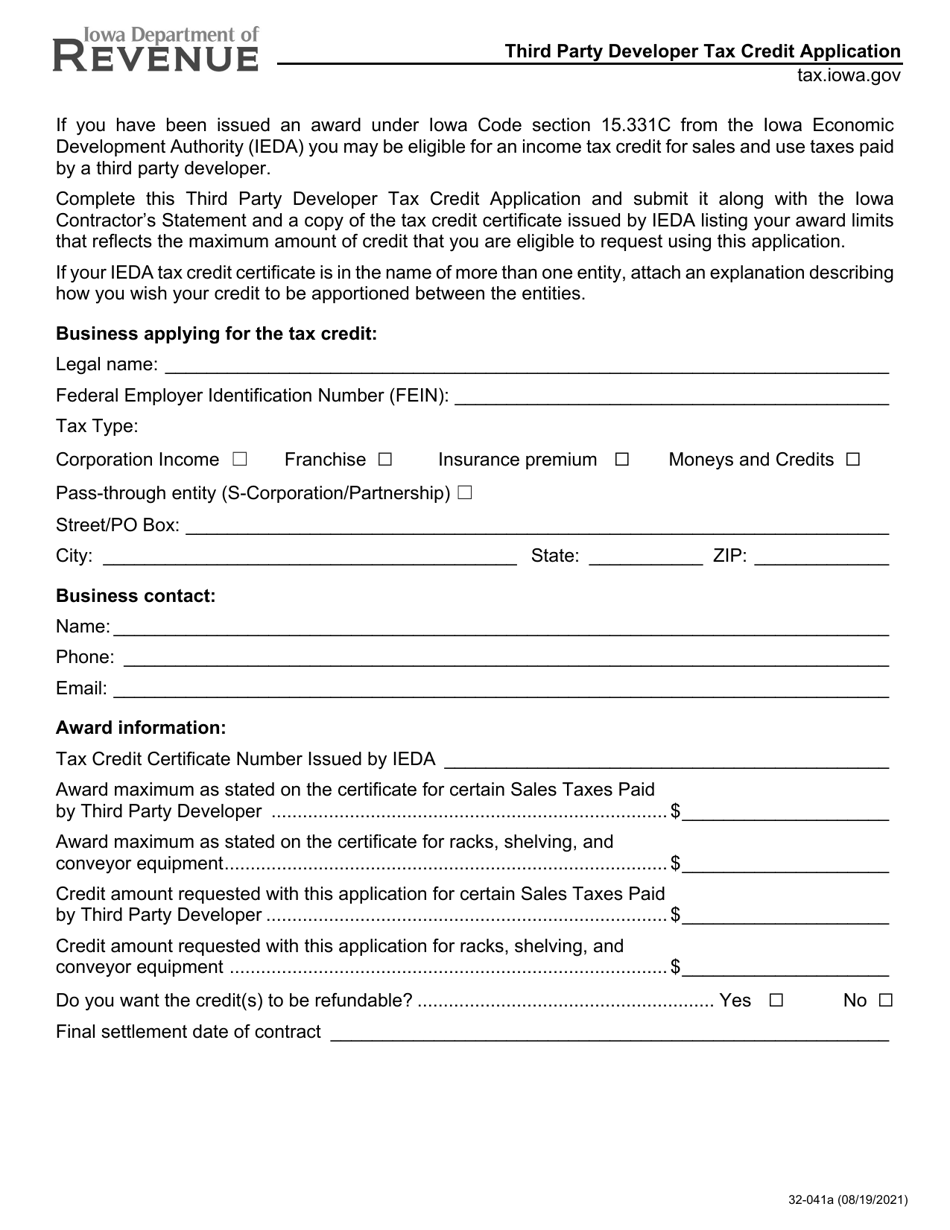 Form 32-041 Third Party Developer Tax Credit Application - Iowa, Page 1