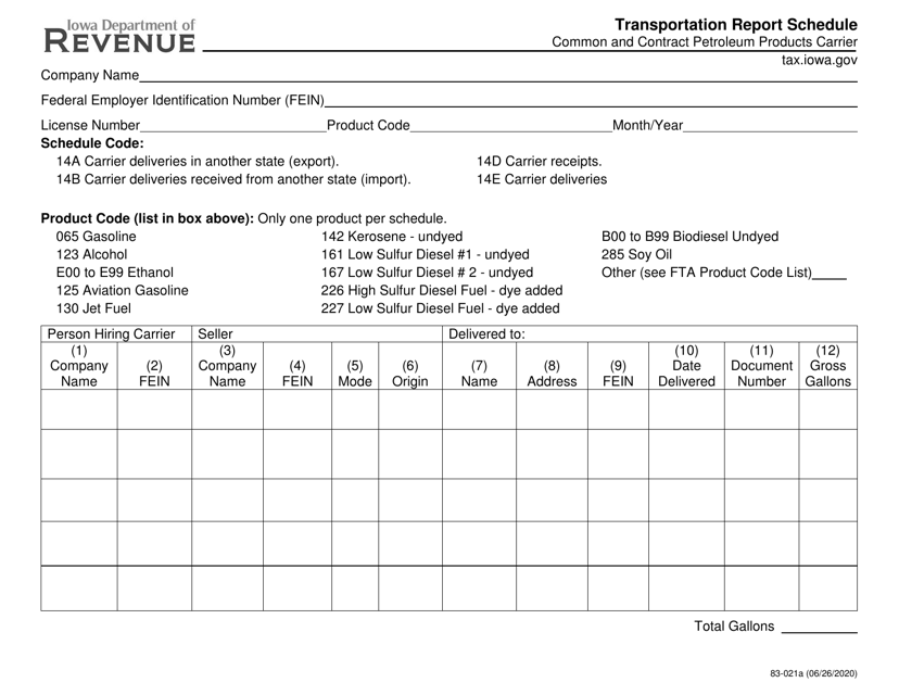 Form 83-021 Transportation Report Schedule - Common and Contract Petroleum Products Carrier - Iowa