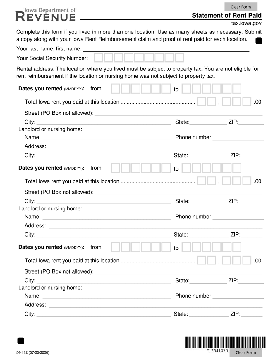 Form 54-132 Download Fillable PDF or Fill Online Statement of Rent Paid ...