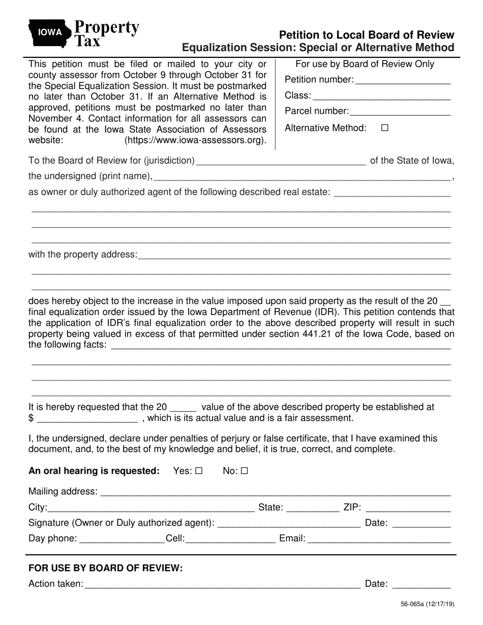Form 56-065 Petition to Local Board of Review Equalization Session: Special or Alternative Method - Iowa, Page 1