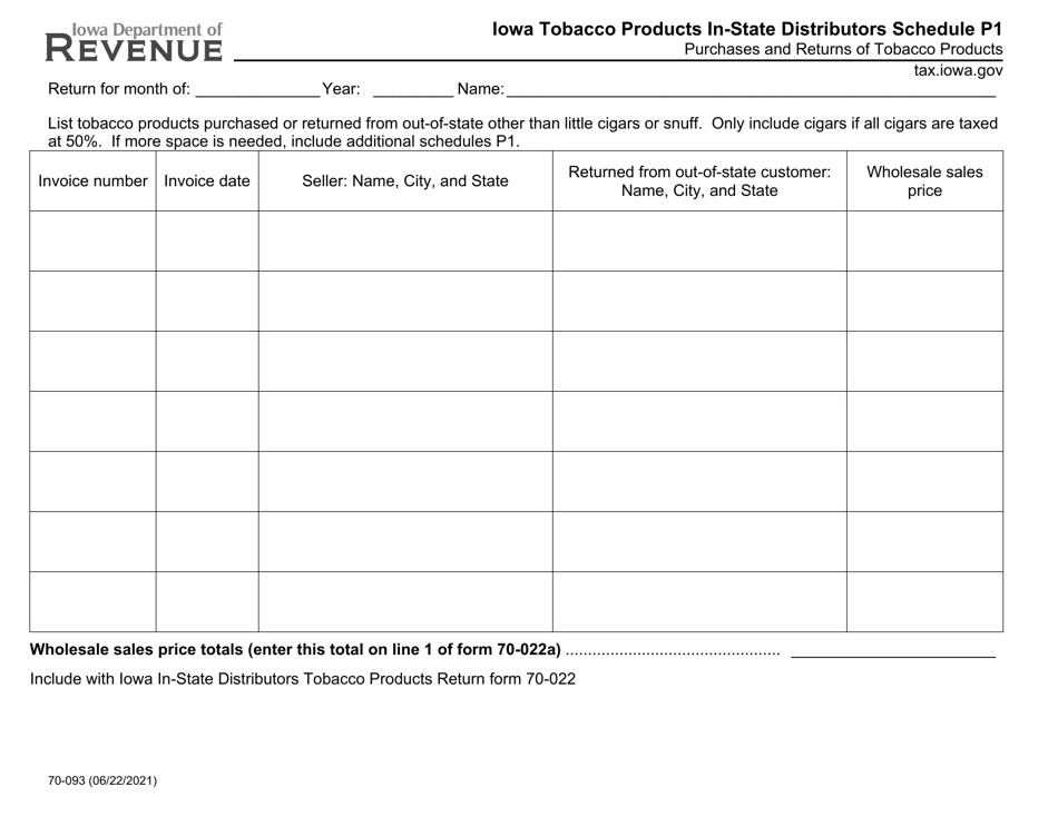 Form 70-093 Schedule P1 Iowa Tobacco Products in-State Distributors Schedule - Iowa, Page 1