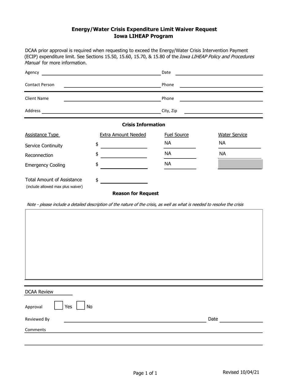 Iowa Energywater Crisis Expenditure Limit Waiver Request Iowa Liheap Program Fill Out Sign 1634