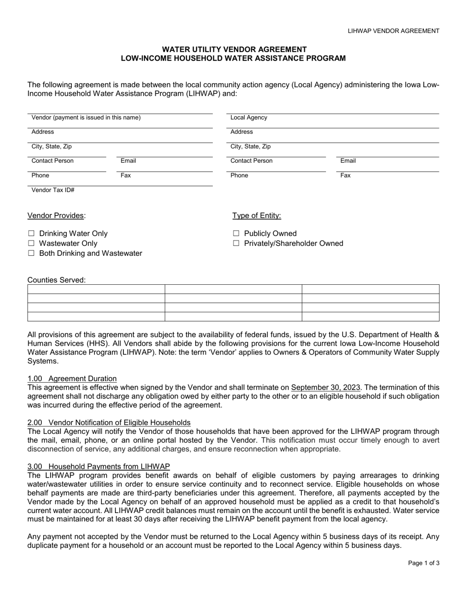 Iowa Water Utility Vendor Agreement Household Water