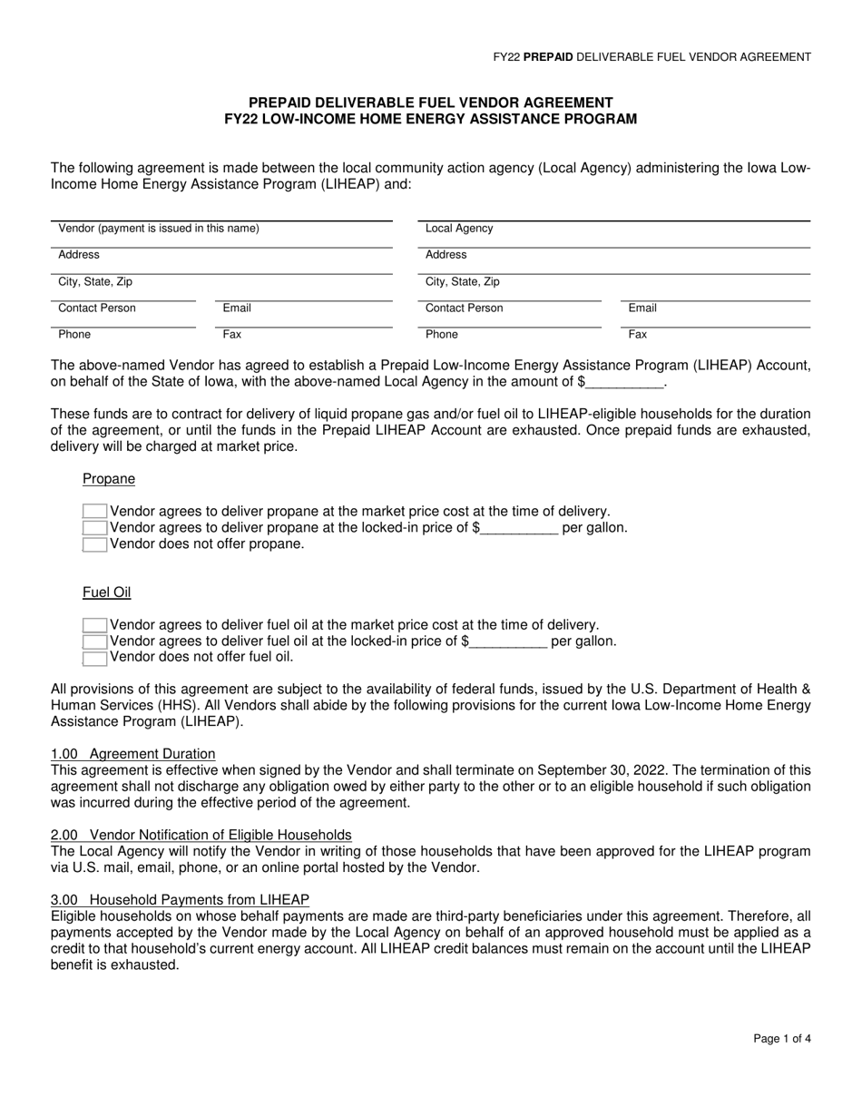 Prepaid Deliverable Fuel Vendor Agreement - Low-Income Home Energy Assistance Program - Iowa, Page 1