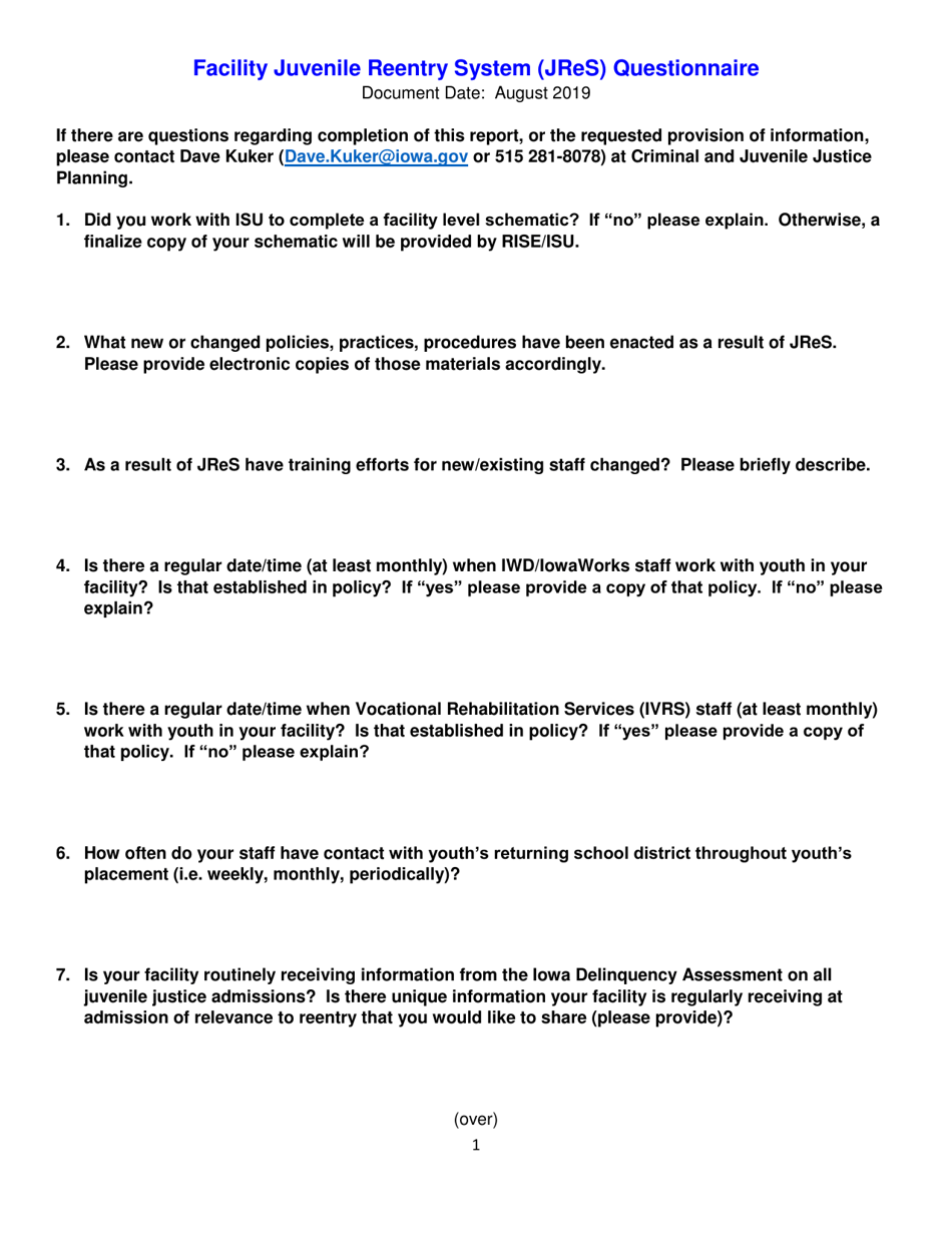 Attachment J Facility Juvenile Reentry System (Jres) Questionnaire - Iowa, Page 2