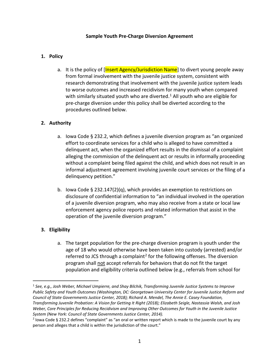 Sample Youth Pre-charge Diversion Agreement - Iowa, Page 1