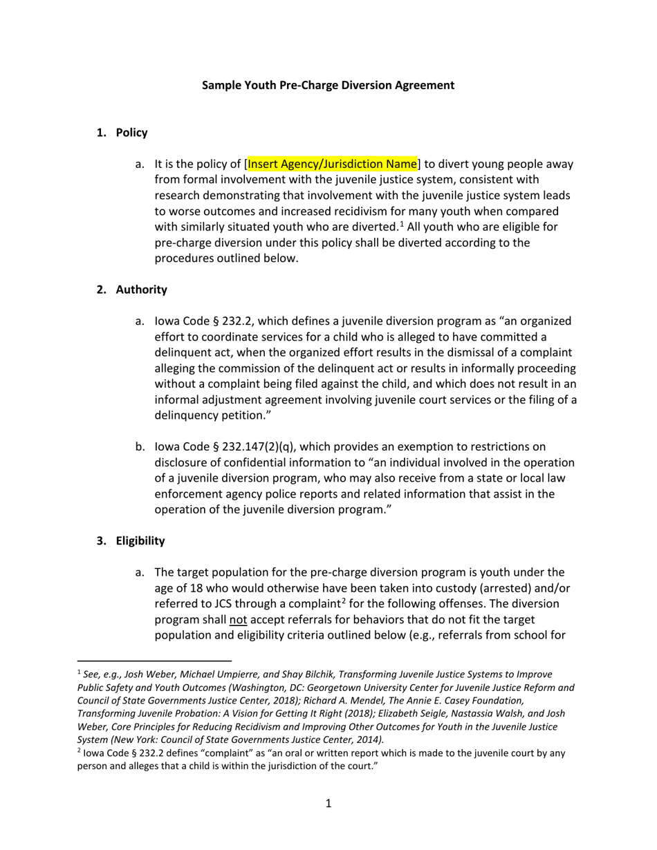 Iowa Sample Youth Precharge Diversion Agreement Download Printable PDF