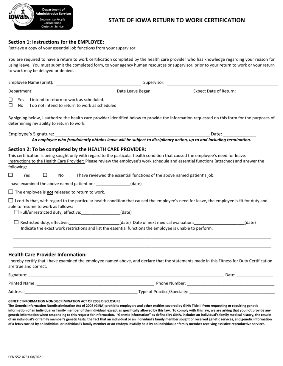 Form CFN552-0731 State of Iowa Return to Work Certification - Iowa, Page 1