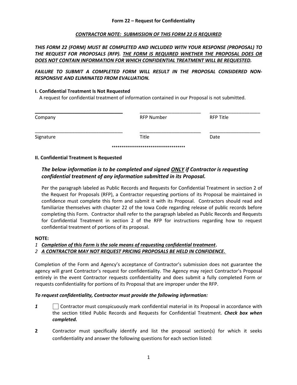 Form 22 Request for Confidentiality (Rfp) - Iowa, Page 1