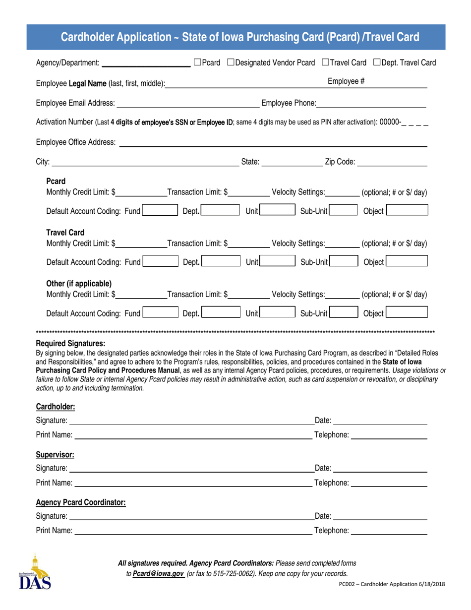 Form PC002 Cardholder Application - State of Iowa Purchasing Card (Pcard) / Travel Card - Iowa, Page 1