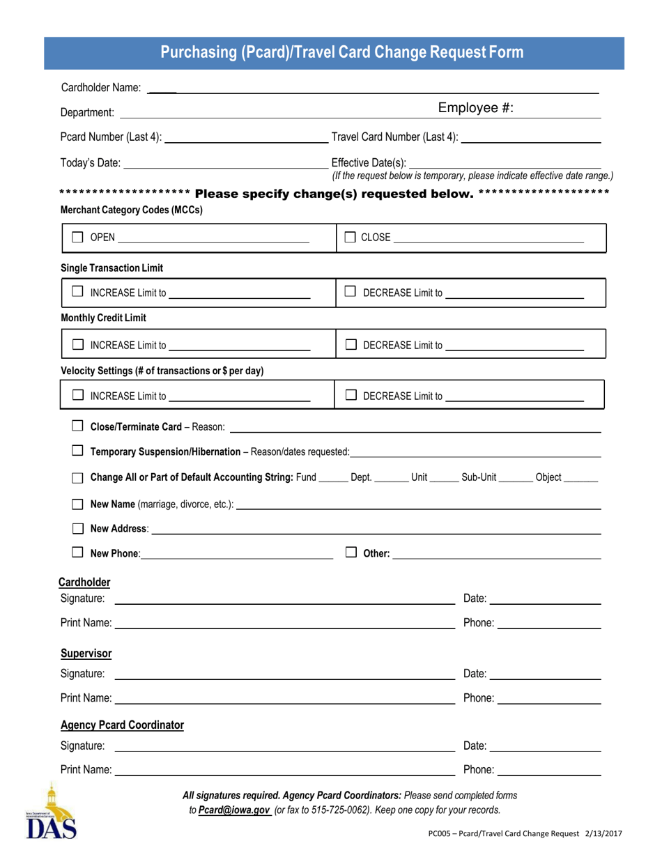 Form PC005 Purchasing (Pcard) / Travel Card Change Request Form - Iowa, Page 1