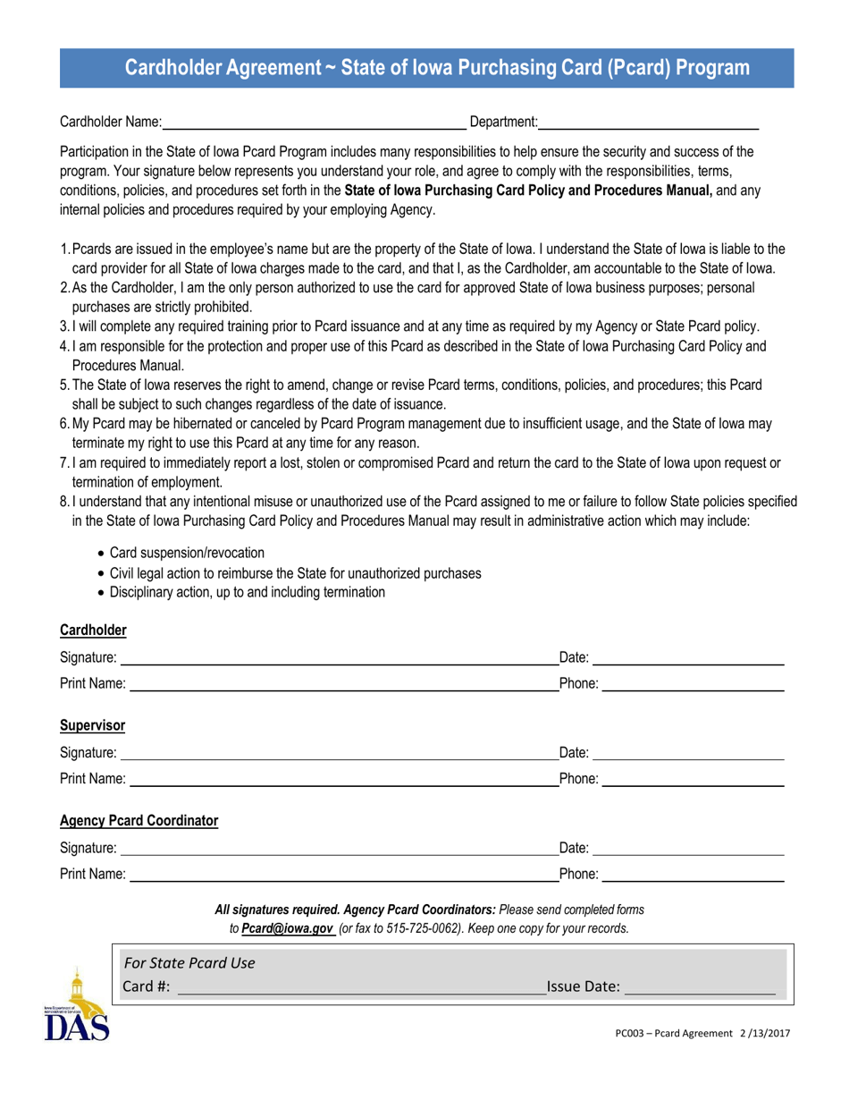 Form PC003 Cardholder Agreement - State of Iowa Purchasing Card (Pcard) Program - Iowa, Page 1