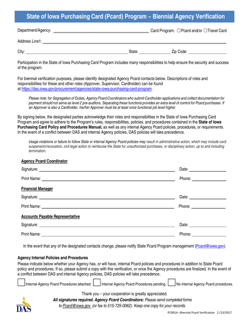 Form PC001A Biennial Agency Verification - State of Iowa Purchasing Card (Pcard) Program - Iowa