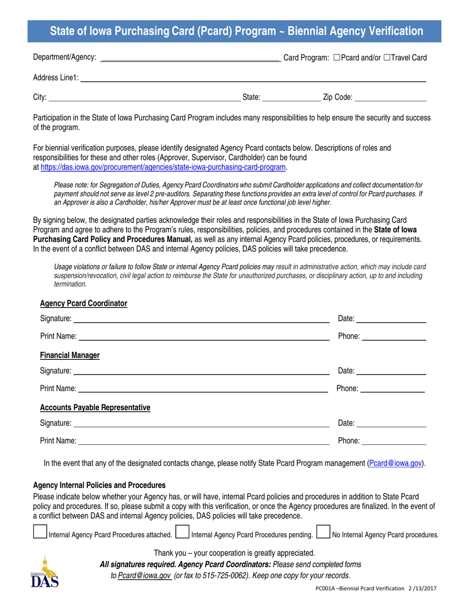 Form PC001A Biennial Agency Verification - State of Iowa Purchasing Card (Pcard) Program - Iowa, Page 1