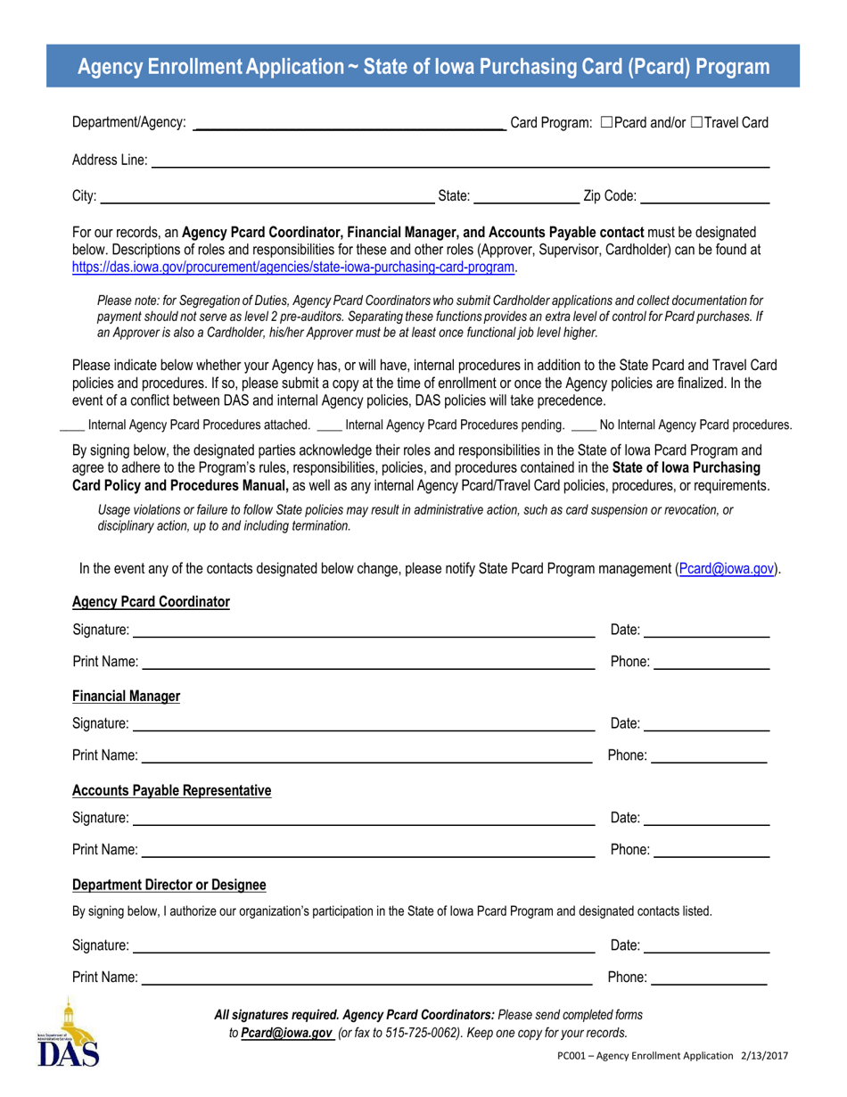 Form PC001 Agency Enrollment Application - State of Iowa Purchasing Card (Pcard) Program - Iowa, Page 1