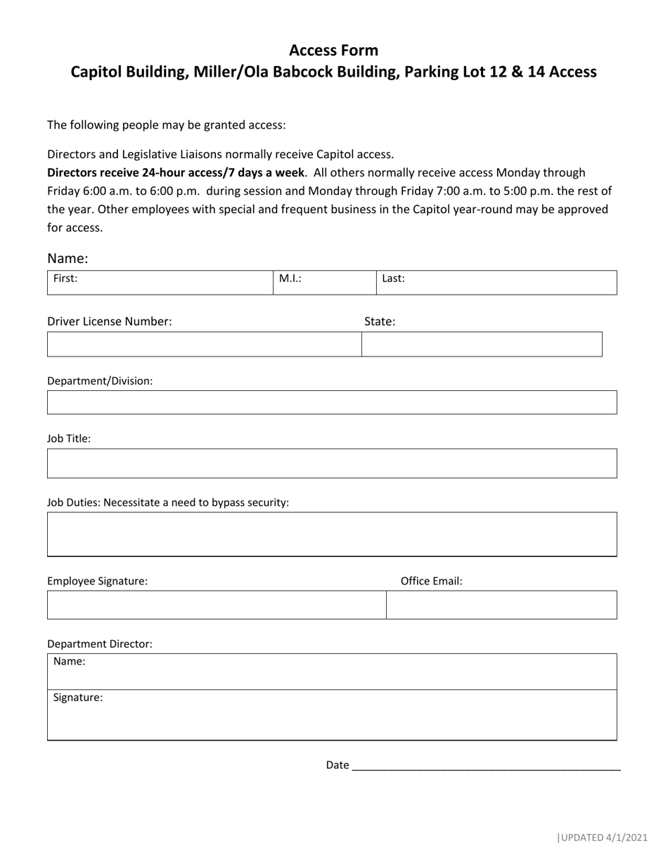 Access Form - Capitol Building, Miller / Ola Babcock Building, Parking Lot 12  14 Access - Iowa, Page 1