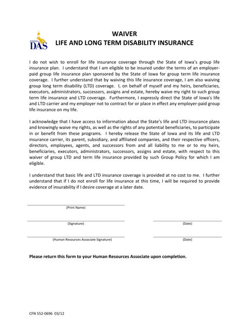 Form CFN552-0696 Waiver - Life and Long Term Disability Insurance - Iowa