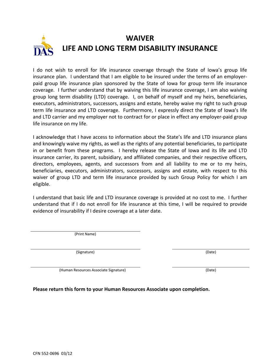 Form CFN552-0696 Waiver - Life and Long Term Disability Insurance - Iowa, Page 1