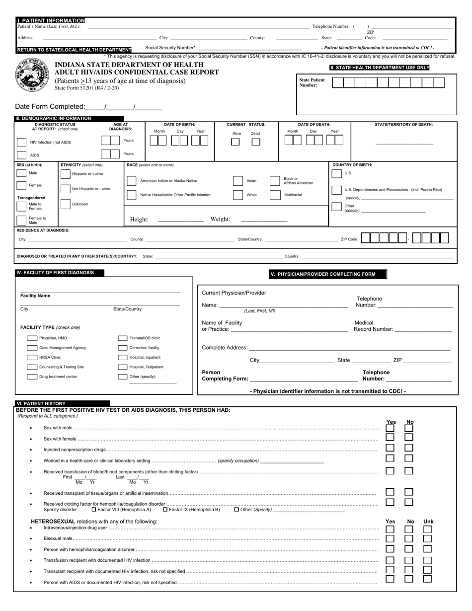 State Form 51201 Adult HIV / AIDS Confidential Case Report (Patients 13 Years of Age at Time of Diagnosis) - Indiana, Page 1