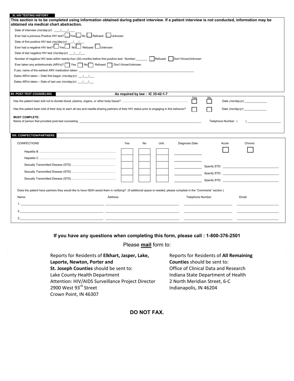 State Form 51201 Adult HIV / AIDS Confidential Case Report (Patients 13 Years of Age at Time of Diagnosis) - Indiana, Page 3