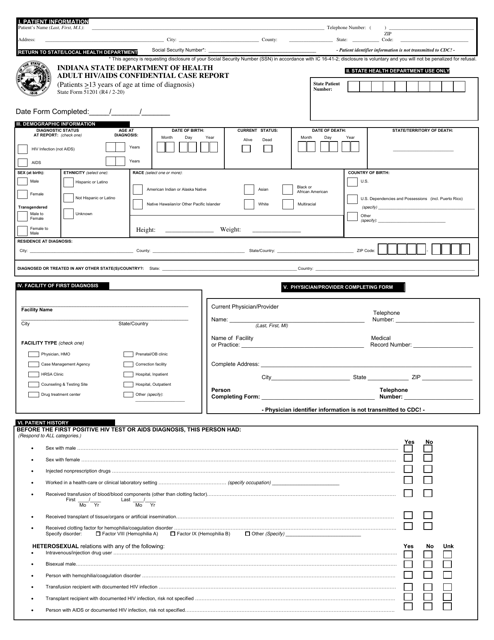 State Form 51201 Adult HIV/AIDS Confidential Case Report (Patients 13 Years of Age at Time of Diagnosis) - Indiana