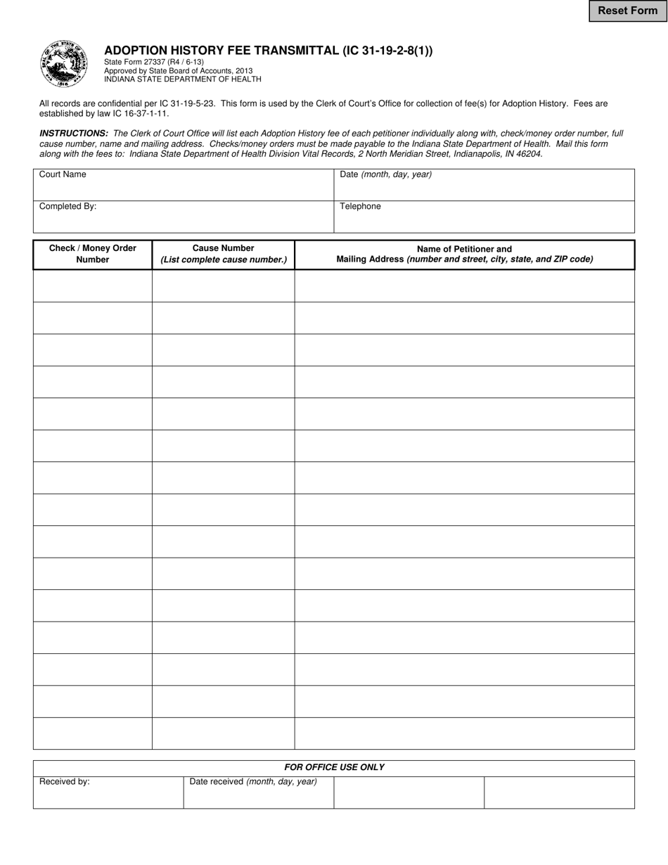 State Form 27337 Adoption History Fee Transmittal - Indiana, Page 1