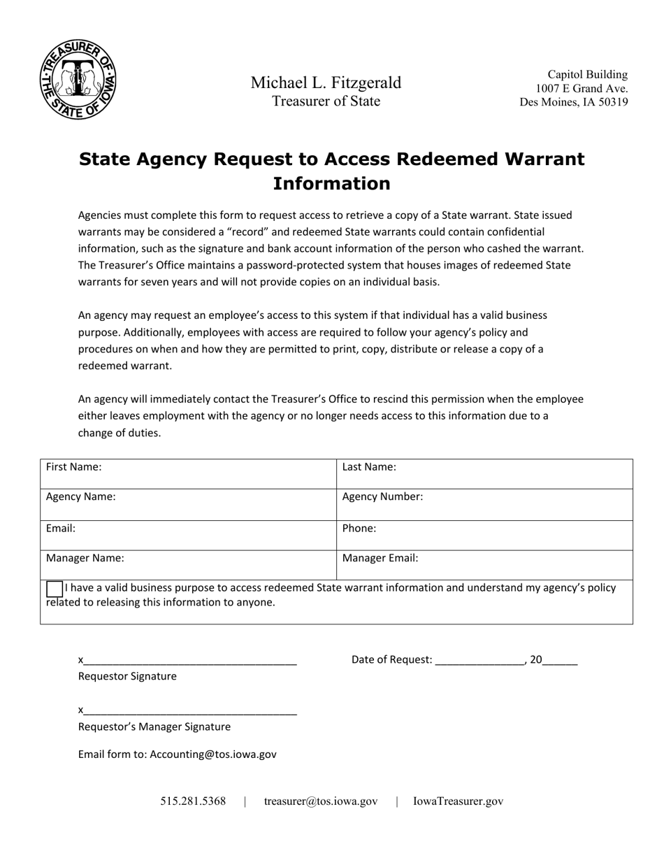State Agency Request to Access Redeemed Warrant Information - Iowa, Page 1