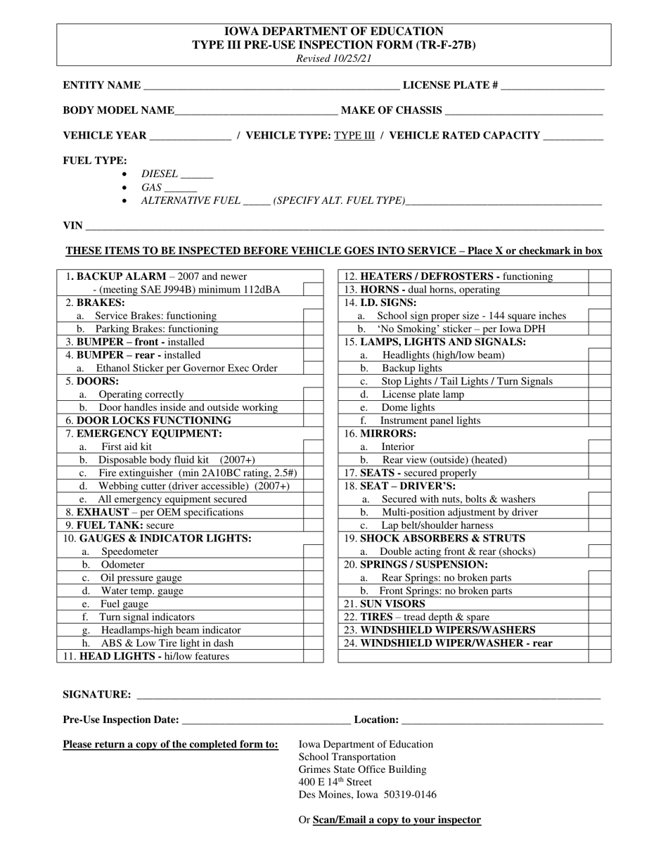 Form TR-F-27B Type Iii Pre-use Inspection Form - Iowa, Page 1