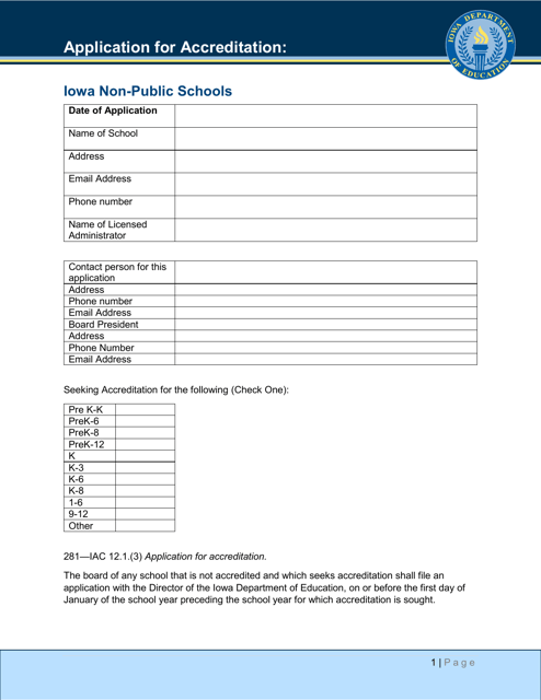 Application for Non-public School Accreditation - Iowa Download Pdf