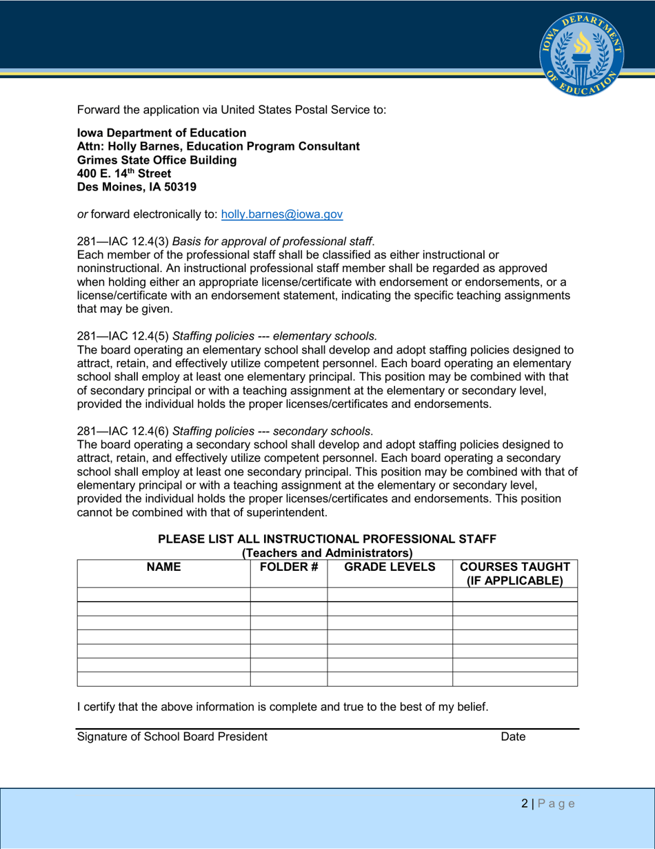 Application for Non-public School Accreditation - Iowa, Page 2