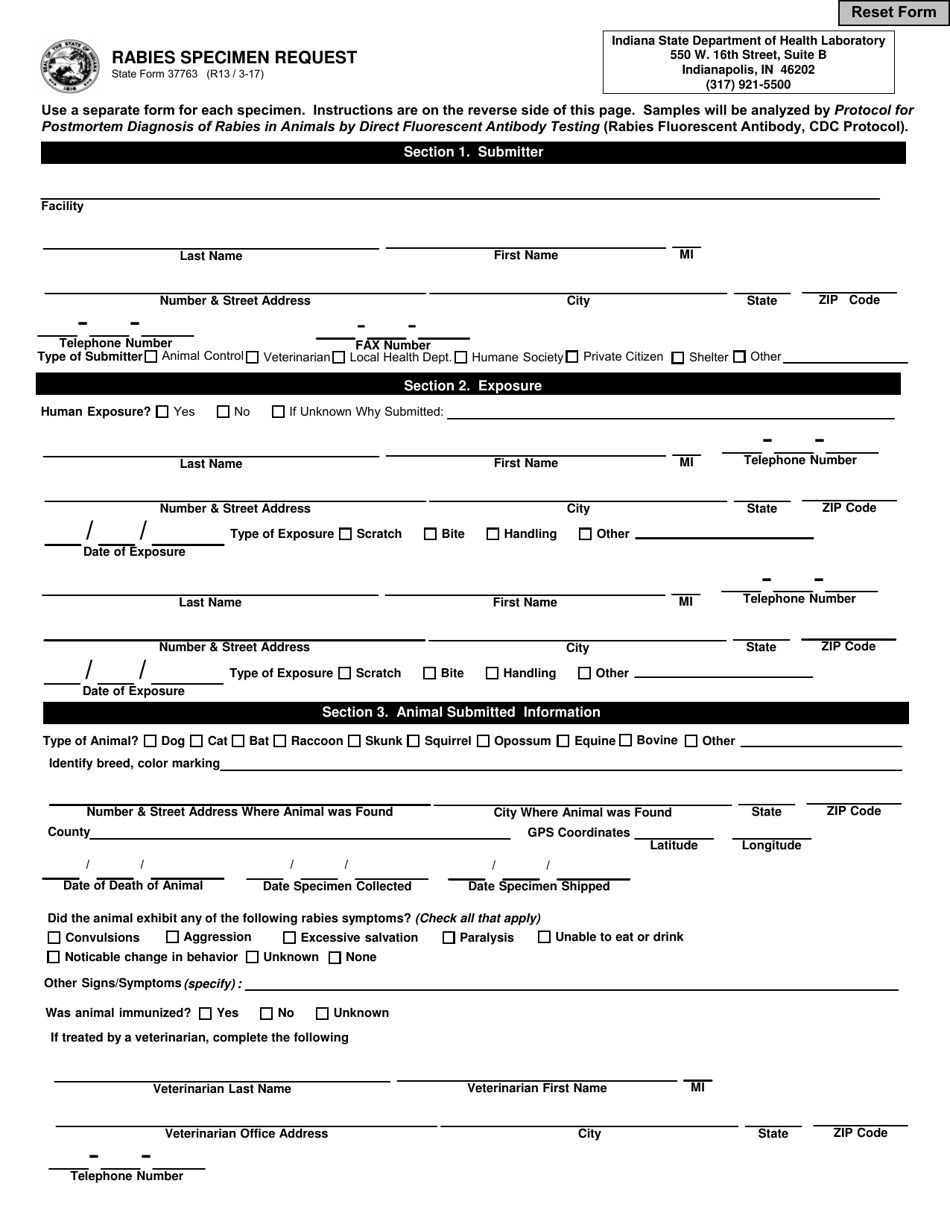 State Form 37763 Rabies Specimen Request - Indiana, Page 1