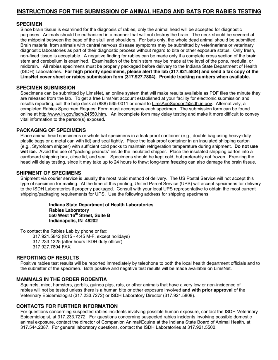State Form 37763 Rabies Specimen Request - Indiana, Page 2