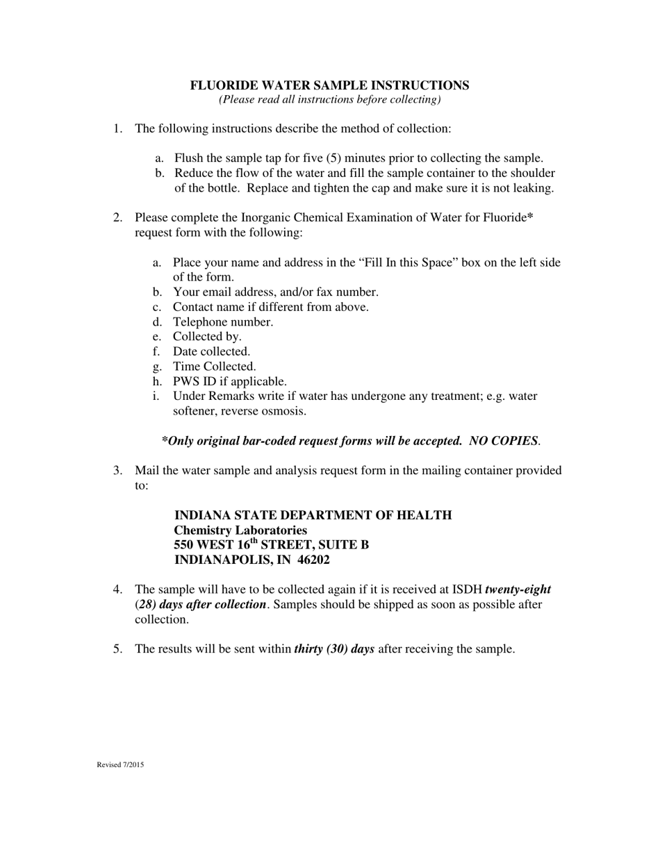 Fluoride Water Sample Instructions - Indiana, Page 1