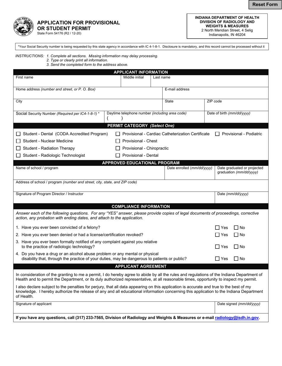 State Form 54176 Application for Provisional or Student Permit - Indiana, Page 1