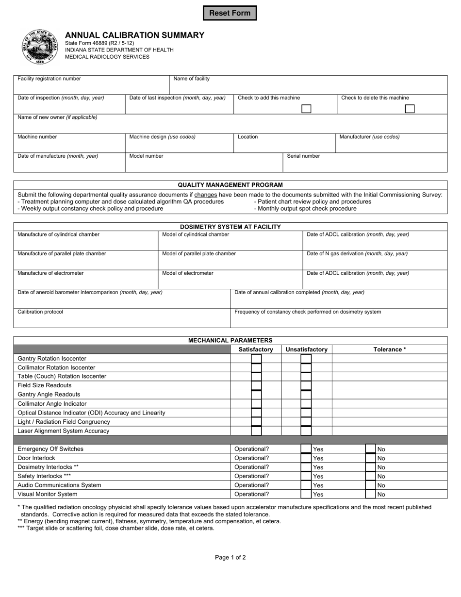 State Form 46889 Annual Calibration Summary - Indiana, Page 1