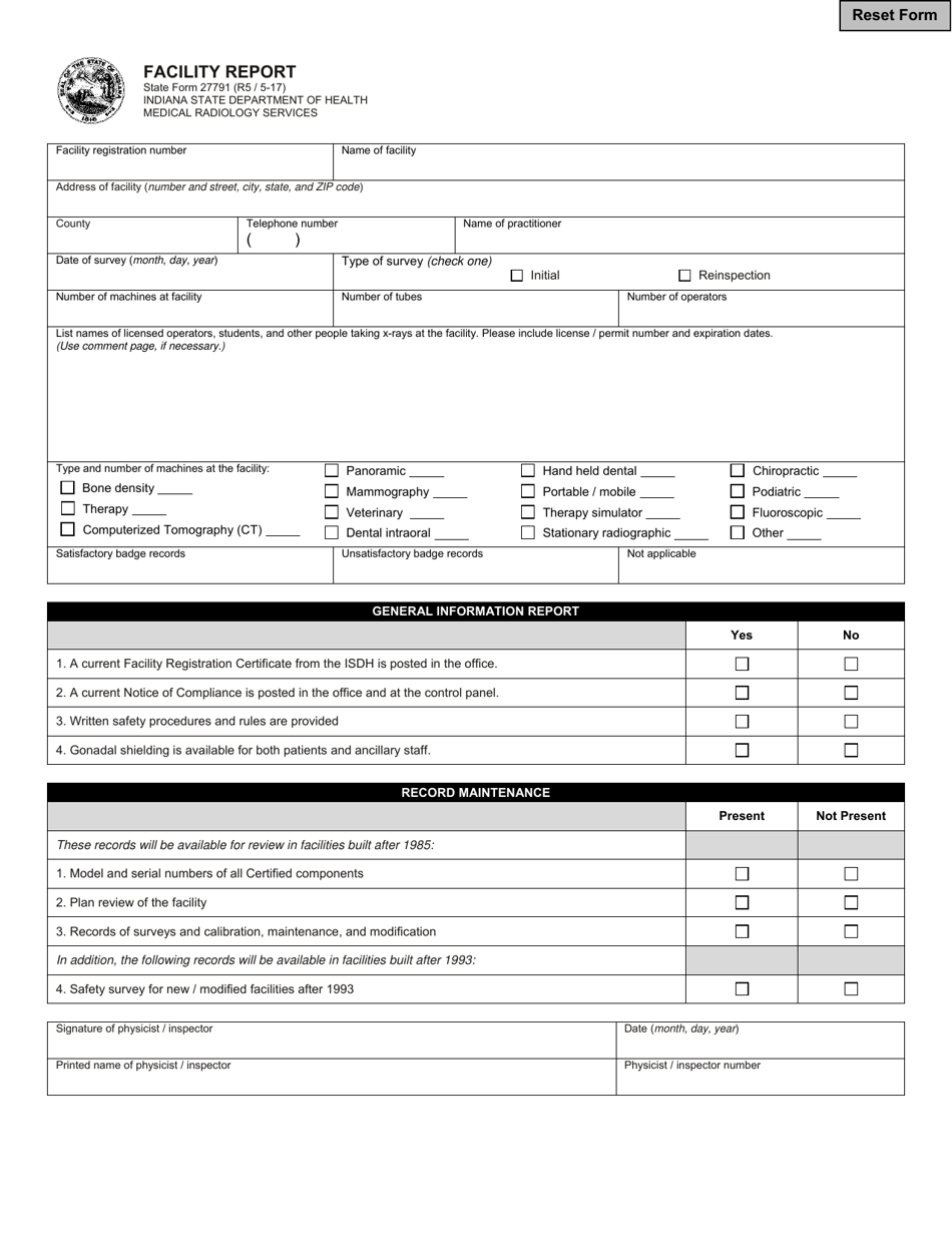 State Form 27791 Facility Report - Indiana, Page 1