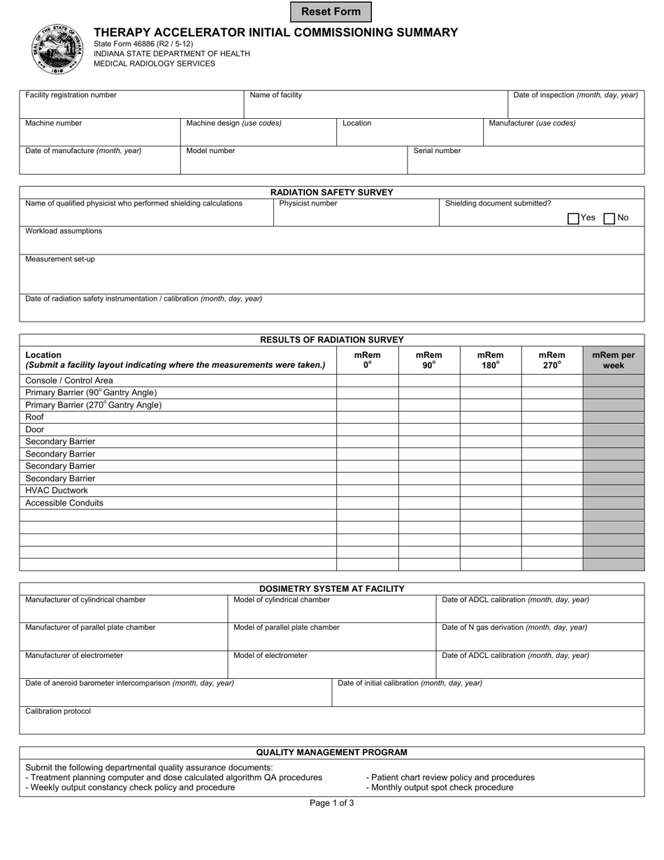 State Form 46886 Therapy Accelerator Initial Commissioning Summary - Indiana, Page 1