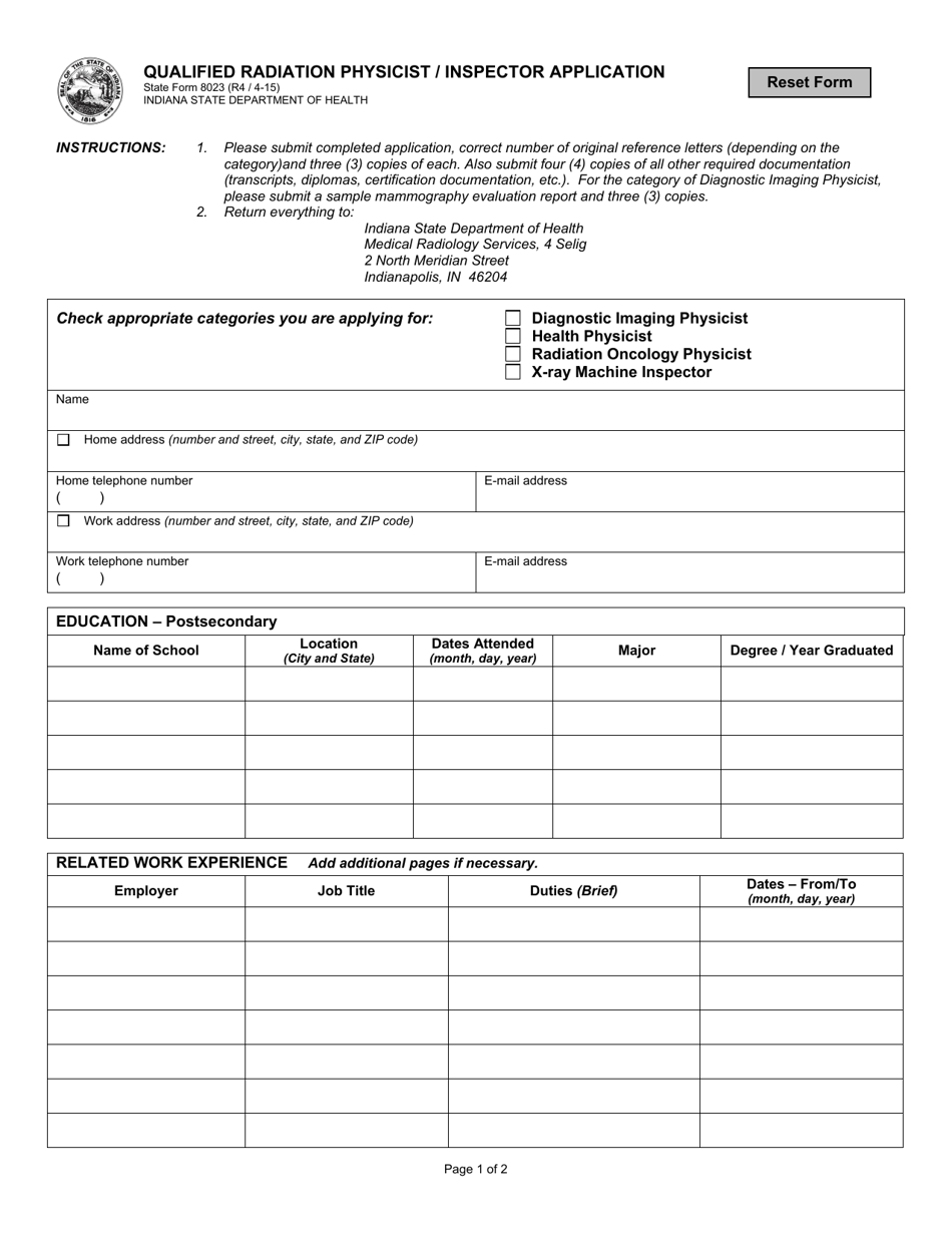 State Form 8023 Qualified Radiation Physicist / Inspector Application - Indiana, Page 1