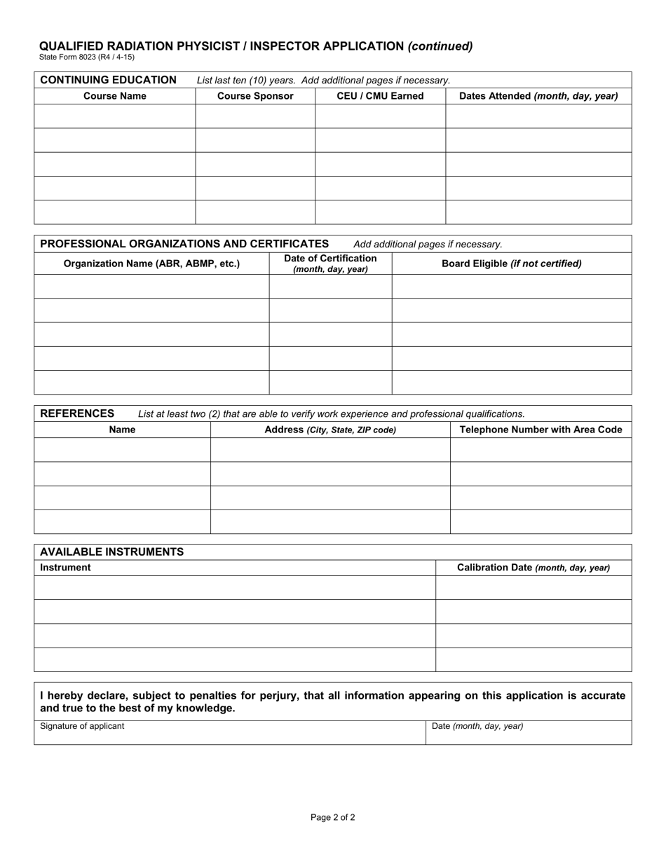 State Form 8023 Qualified Radiation Physicist / Inspector Application - Indiana, Page 2