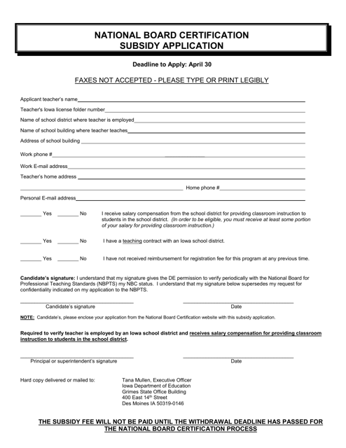 National Board Certification Subsidy Application - Iowa Download Pdf
