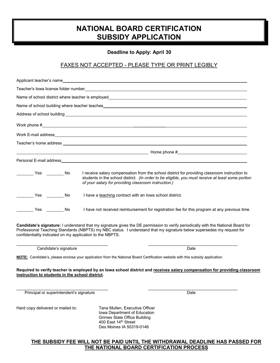 Iowa National Board Certification Subsidy Application Fill Out, Sign