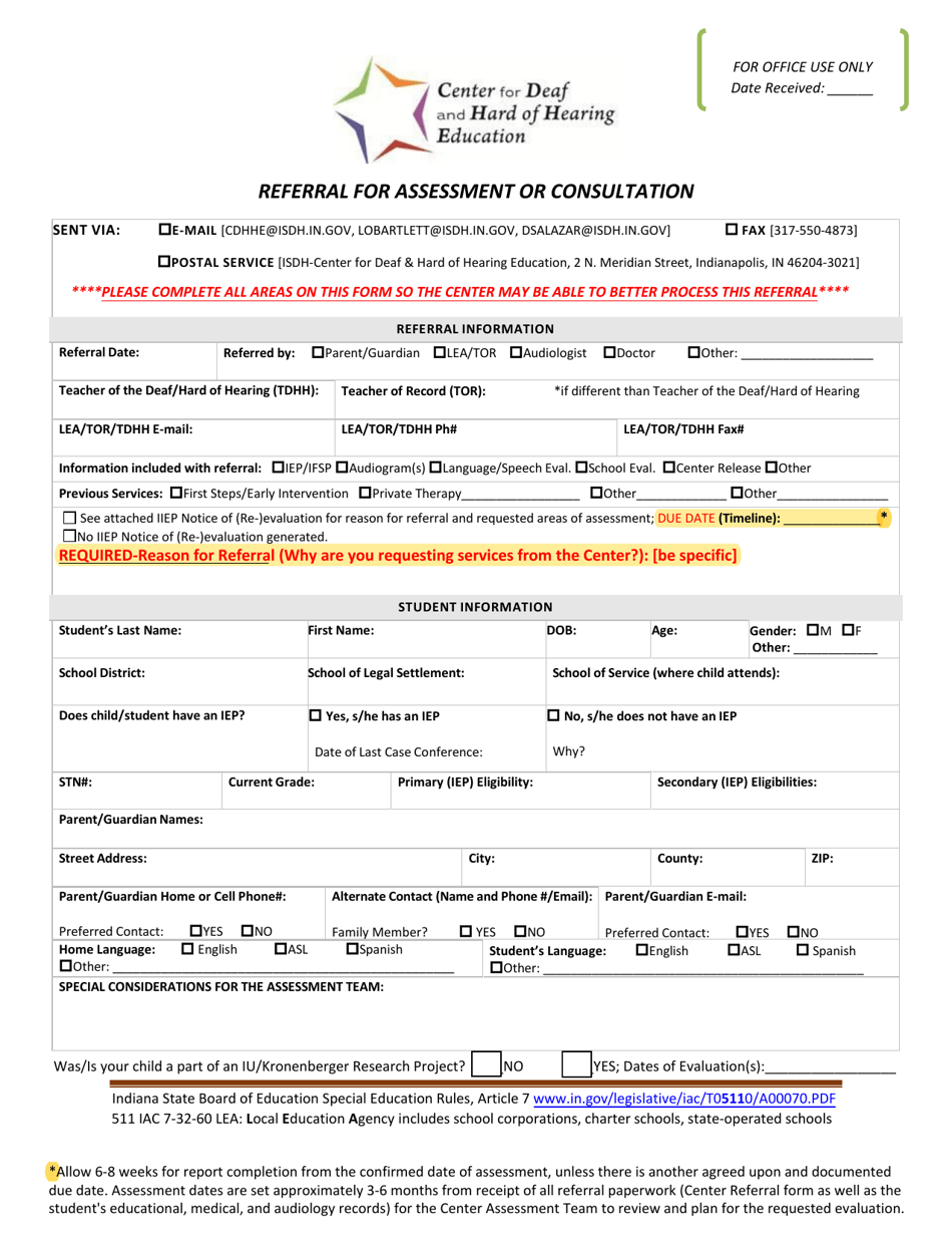 Referral for Assessment or Consultation - Indiana, Page 1