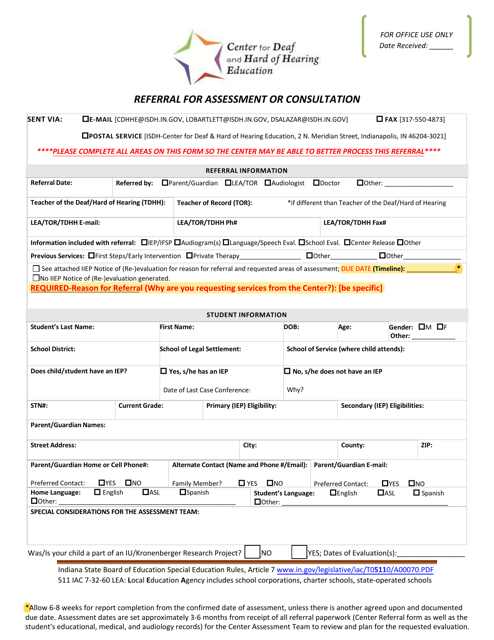 Referral for Assessment or Consultation - Indiana Download Pdf