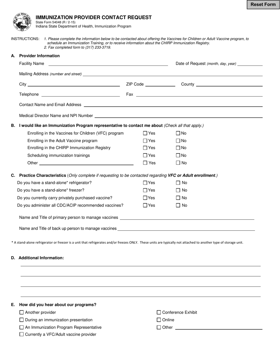 State Form 54048 Immunization Provider Contact Request - Indiana, Page 1